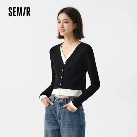 森柔毛衫|森马针织开衫女短款假两件撞色春季紧身V领正肩上衣显XY商品大图