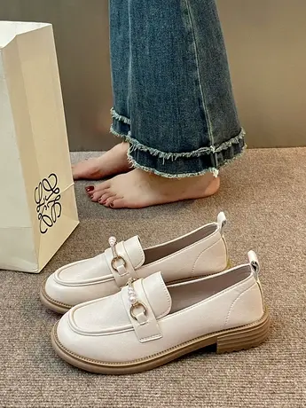 平底乐福鞋女鞋2023春秋新款一脚蹬低跟珍珠小皮鞋日系jk制服单鞋商品大图