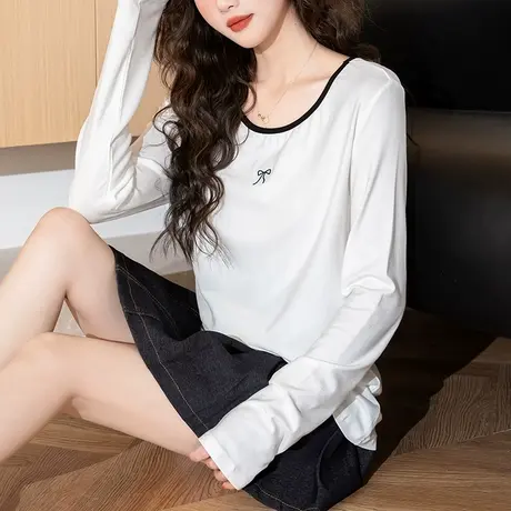 唐狮蝴蝶结内搭打底衫女2025春季新款白色甜美长袖T恤女设计感图片