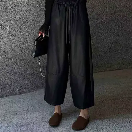 酷感休闲风纯色拼接休闲裤女2025秋季新款大码胖MM时尚百搭九分裤商品大图