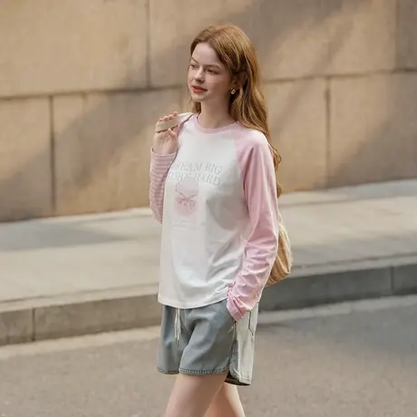 唐狮2026春季新款长袖T恤女插肩袖粉色少女风撞色软妹超好看可爱图片