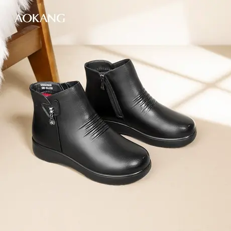 奥康 女鞋2025冬季新款真皮软底妈妈鞋平底短靴加绒棉鞋N图片