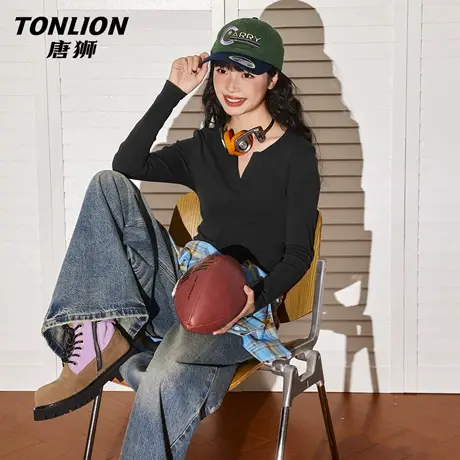 唐狮官方黑色v领长袖t恤女2026新款春秋小个子修身显瘦紧身上衣VB图片