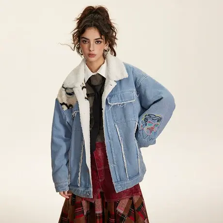 刺绣拼接加厚冬季牛仔外套2023新款羊羔毛棉服女国潮复古宽松棉衣图片