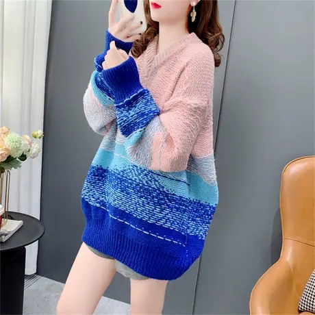 渐变V领套头毛衣女士秋冬2022新款宽松慵懒风加厚软糯打底针织衫商品大图