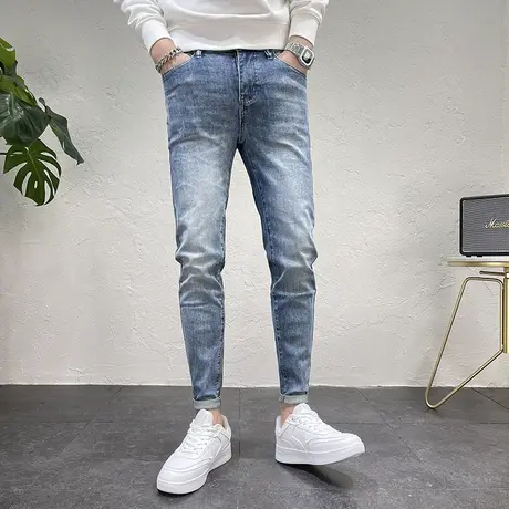 秋装男2023新款简约百搭蓝色牛仔裤男士休闲裤子修身小脚牛仔裤男图片