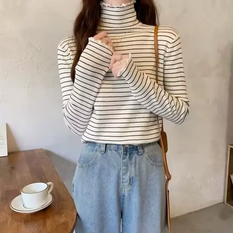 木耳边高领长袖T恤女秋冬季双面德绒修身显瘦内搭条纹上衣打底衫商品大图