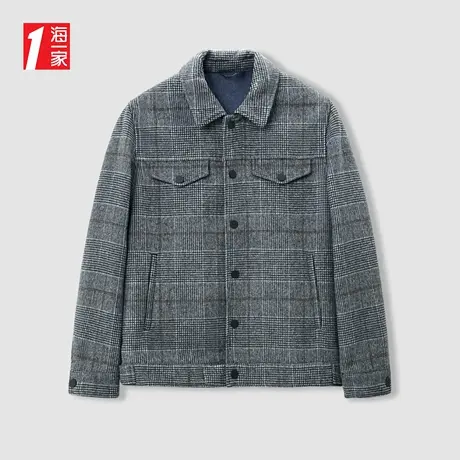 海一家经典格纹外套2023冬季新款含羊毛翻领时尚休闲男士夹克商品大图