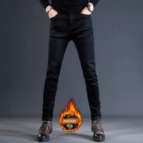 黑灰色加绒牛仔裤男2023秋冬新款男士加绒修身小脚弹力休闲裤子男商品大图