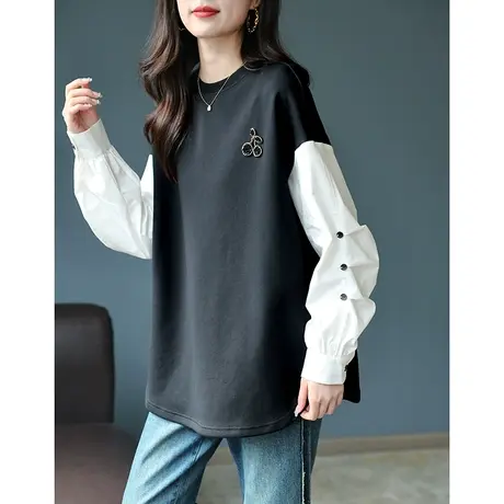 宝诗黎圆领宽松钉珠拼接卫衣潮流新款百搭休闲上衣2023秋简约长袖图片
