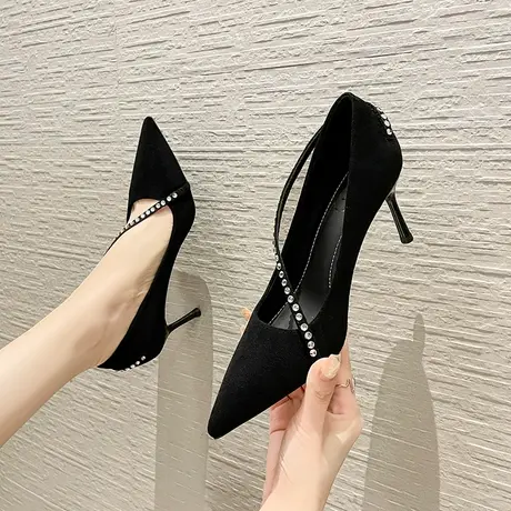 水钻高跟鞋女细跟2023新款春秋季尖头单鞋黑色职业工作鞋百搭通勤商品大图