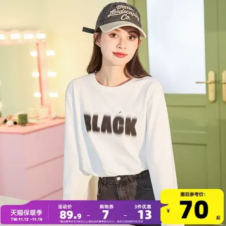 唐狮2023秋新款潮牌长袖T恤女白色宽松圆领打底别致上衣女设计感商品大图