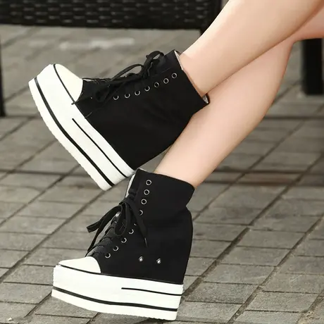 小个子内增高帆布鞋12cm运动高帮旅游单鞋2023新款坡跟厚底松糕鞋图片