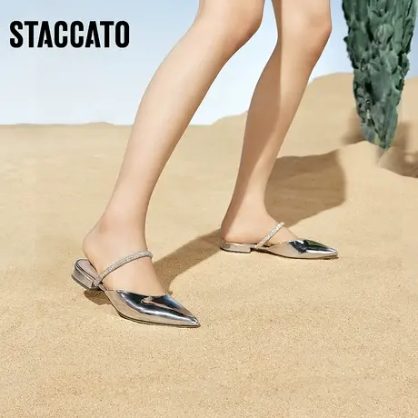 思加图新款仙女银色穆勒拖一脚蹬女尖头平底凉拖鞋9W940AH3B商品大图