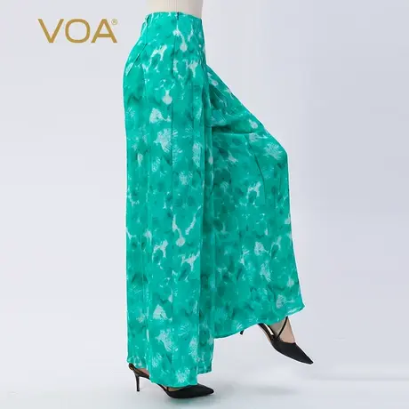 VOA真丝提花珍珠活页口袋拼接双层乔其碎花亲肤宽松桑蚕丝阔腿裤图片