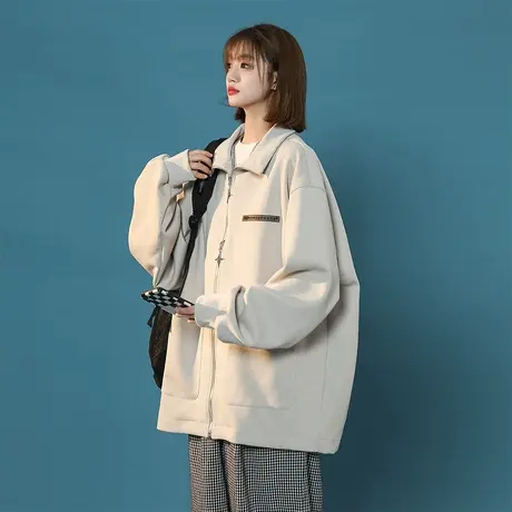 美式复古潮牌外套女春秋2023年新款休闲宽松oversize运动开衫上衣商品大图