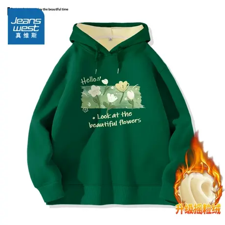 JR真维斯加绒套头帽衫女装冬季宽松加绒保暖连帽女士卫衣女款上衣商品大图