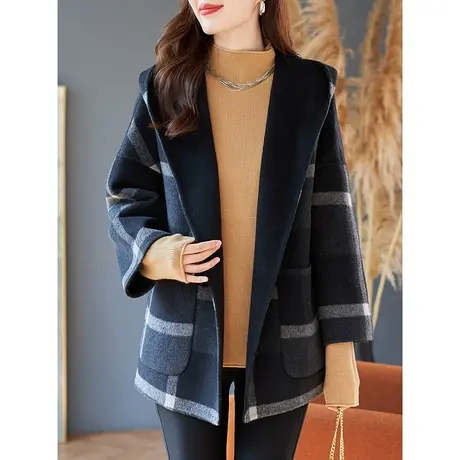 宝诗黎连帽格子绵羊毛呢外套女宽松2023冬季新款腰带呢子开衫上衣商品大图