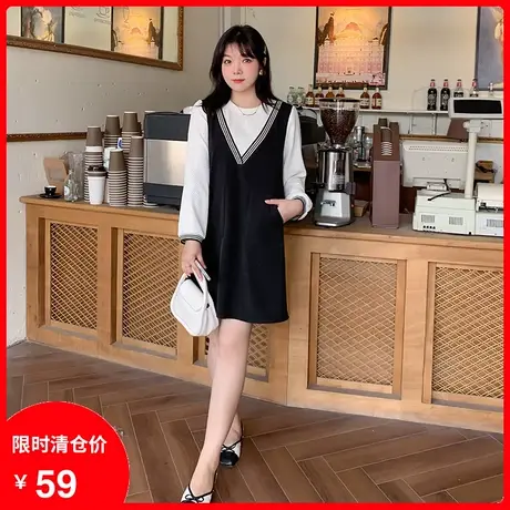 【清仓】新款拼接撞色假两件休闲显瘦直筒宽松大码胖MM气质连衣裙商品大图