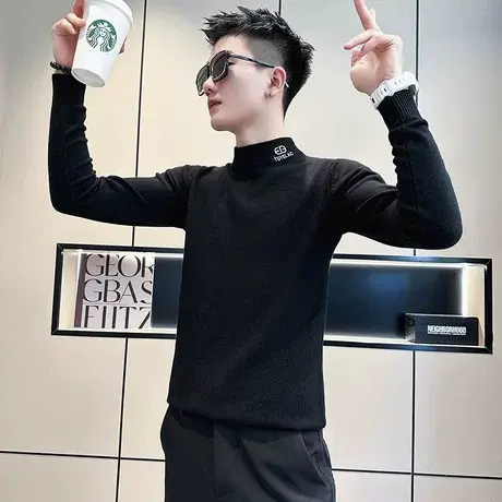 毛衣男秋冬新款纯色刺绣字母简约修身内搭针织衫青年打底线衣T恤商品大图