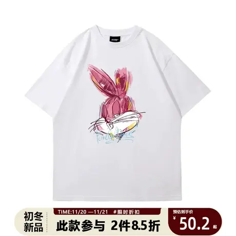 重磅纯棉落肩短袖T恤男 2023夏季涂鸦兔八哥印花宽松圆领半袖衣服商品大图