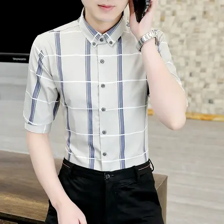 设计感时尚拼色格子衬衫男夏装薄款轻商务休闲免烫五分半短袖衬衣商品大图