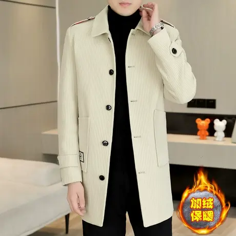 时尚加绒毛呢大衣男士翻领中长款加厚风衣冬季痞帅男装呢子外套潮商品大图