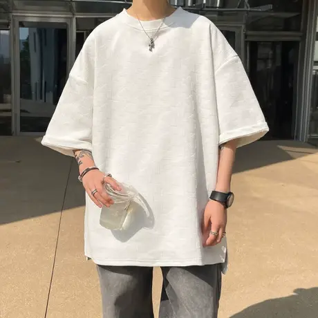 重磅针织短袖男ins盐系t恤潮流男生五分袖夏季宽松半截袖2023新款商品大图