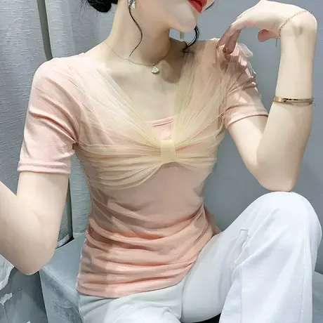 超仙的蝴蝶结短袖上衣女欧货2023新款网纱拼接T恤时尚洋气半袖ins商品大图