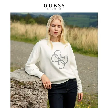 【38上新季】GUESS秋女立体刺绣宽松圆领套头落肩袖针织毛衣商品大图