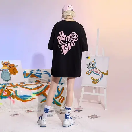 YEP爱心印花短袖t恤女小众设计感夏宽松半袖ins潮少女风纯棉上衣图片