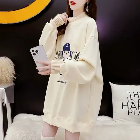 加绒加厚半高领卫衣女宽松慵懒风百搭中长款打底衫秋冬季2023新款图片