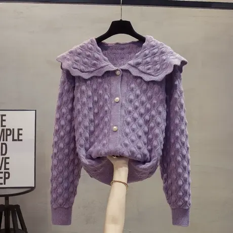 娃娃领针织开衫女2023秋装新款宽松外穿上衣慵懒风外搭毛衣外套潮商品大图