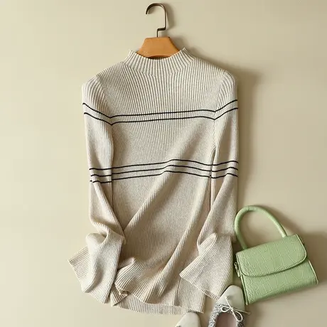 清仓！细条毛衣女秋冬半高领气质内搭打底衫女士喇叭袖针织衫上衣商品大图