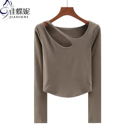 早春新款韩版圆领纯欲下摆圆弧短款磨毛修身长袖体恤上衣女打底衫商品大图