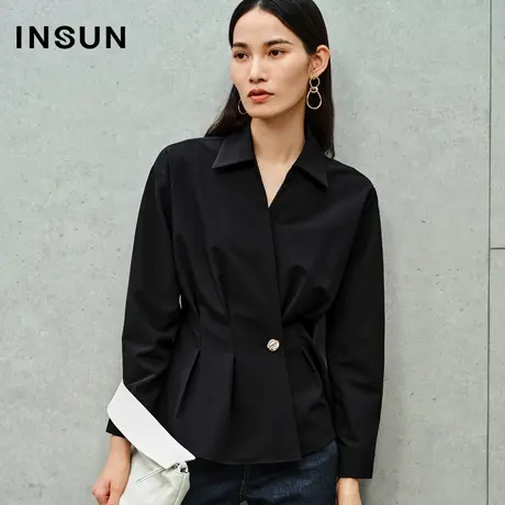 INSUN恩裳线上专选秋季V领收腰捏褶羊毛衬衫商品大图