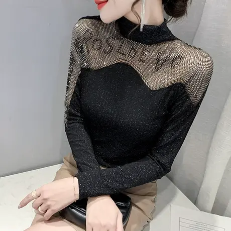 性感镂空气质T恤女装加绒亮钻网纱上衣紧身内搭打底衫女长袖秋冬图片