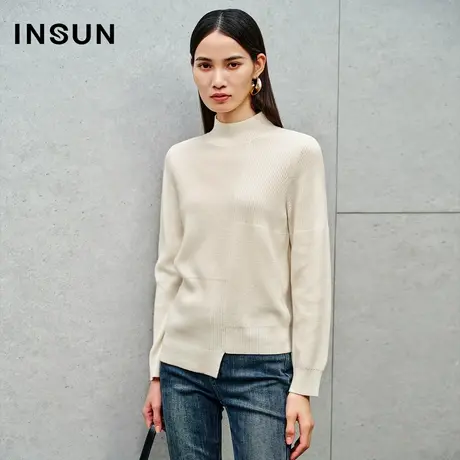 INSUN恩裳线上专选冬季不规则条纹羊毛半高领针织衫商品大图