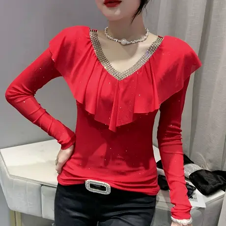 2024春秋新款性感网纱上衣女长袖气质百搭V领T恤烫钻荷叶边小衫潮图片