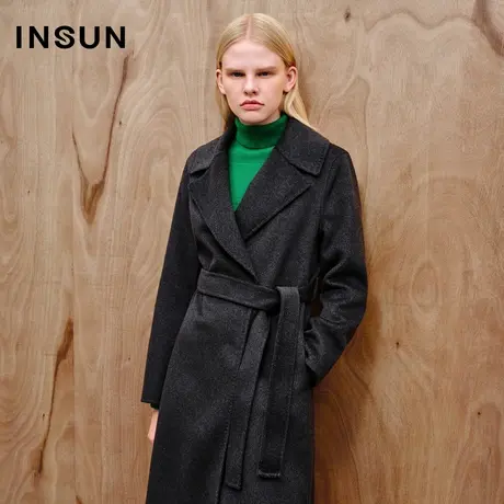 INSUN恩裳线上专选冬季绵羊毛黑色毛呢外套商品大图