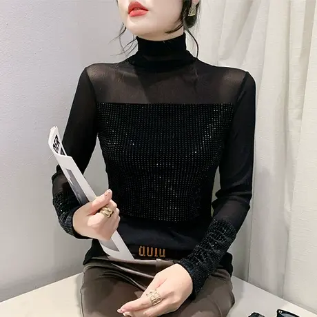 欧货复古烫钻拼接上衣性感网纱高领T恤女长袖气质减龄透气打底衫商品大图