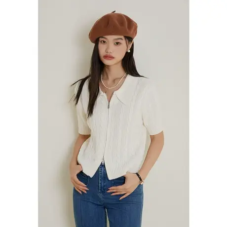 弥古法式polo领翻领针织衫秋上衣女设计感开衫显瘦短袖t恤高级感商品大图