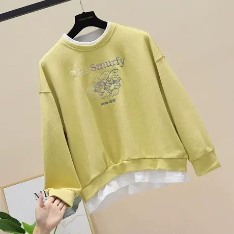 2023秋装新款大码假两件上衣休闲宽松刺绣字母卡通长袖女士卫衣潮商品大图