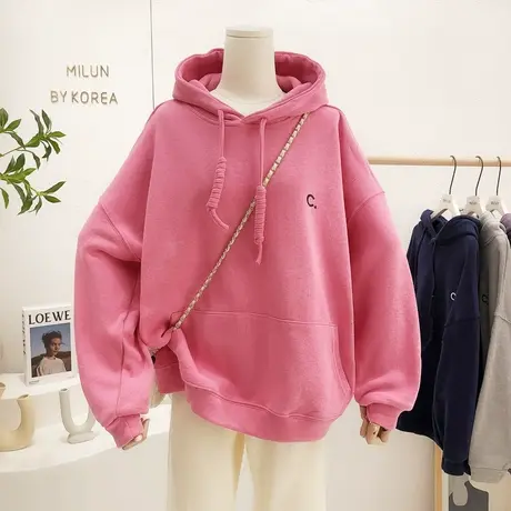 2021秋冬款韩国东大门ins字母纯色针织加绒卫衣连帽外套宽松大码商品大图