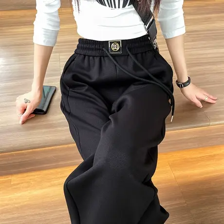 黑色九分哈伦裤女春秋新款高腰显瘦宽松百搭抽绳休闲萝卜直筒裤子商品大图