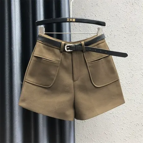 欧货气质百搭休闲裤女23秋冬新款咖啡色个性口袋时尚百搭阔腿短裤商品大图
