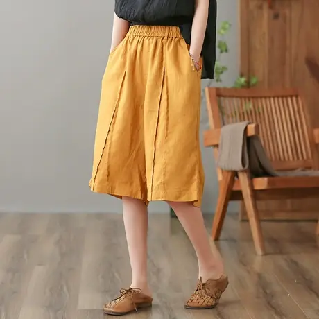 dza 高腰显瘦亚麻休闲裤女2023夏纯色五分中裤休闲百搭棉麻阔腿裤图片