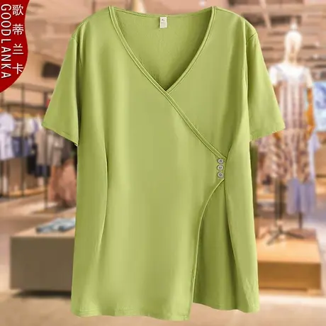 中年40岁妈妈装夏季冰丝麻上衣洋气时尚加肥加大码女法式短袖T恤图片