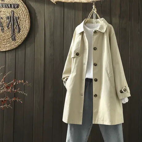 枫谜2020年春装新款文艺韩版中长款风衣女宽松休闲翻领大衣外套图片