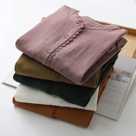 春秋季韩版文艺小清新双层纱蕾丝花边立领纯棉衬衫女长袖打底上衣图片